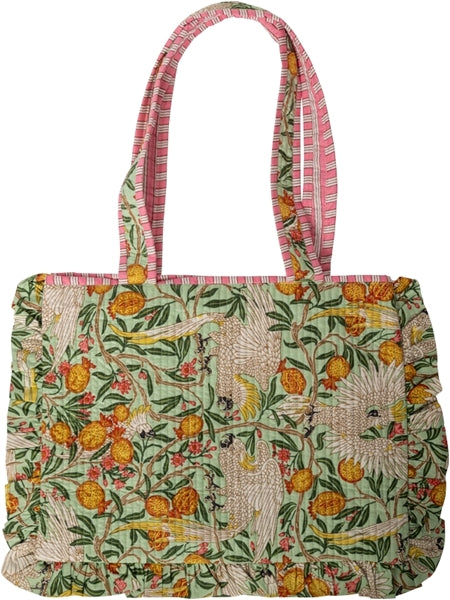 Quiltet veske m/frynser, artisan, fugl-mint/pink,
