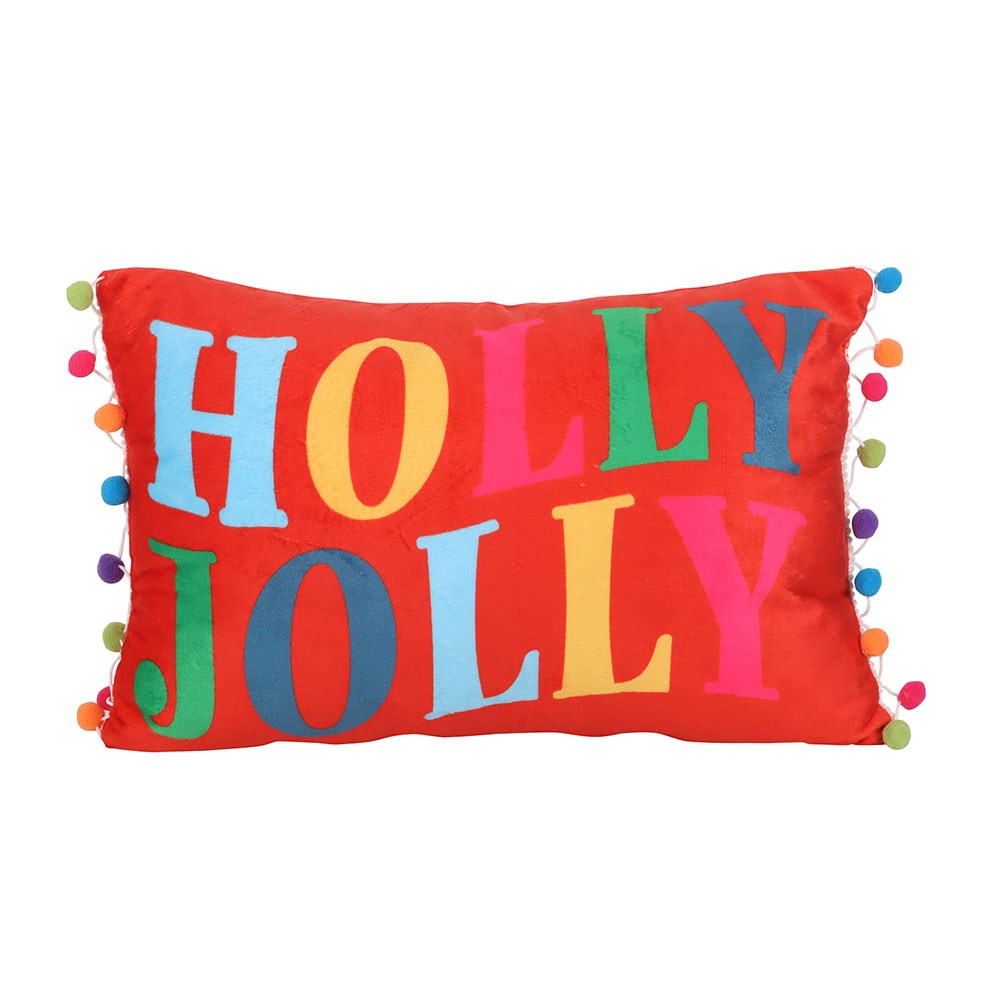 Rød “Holly Jolly” Pute med Pom Poms