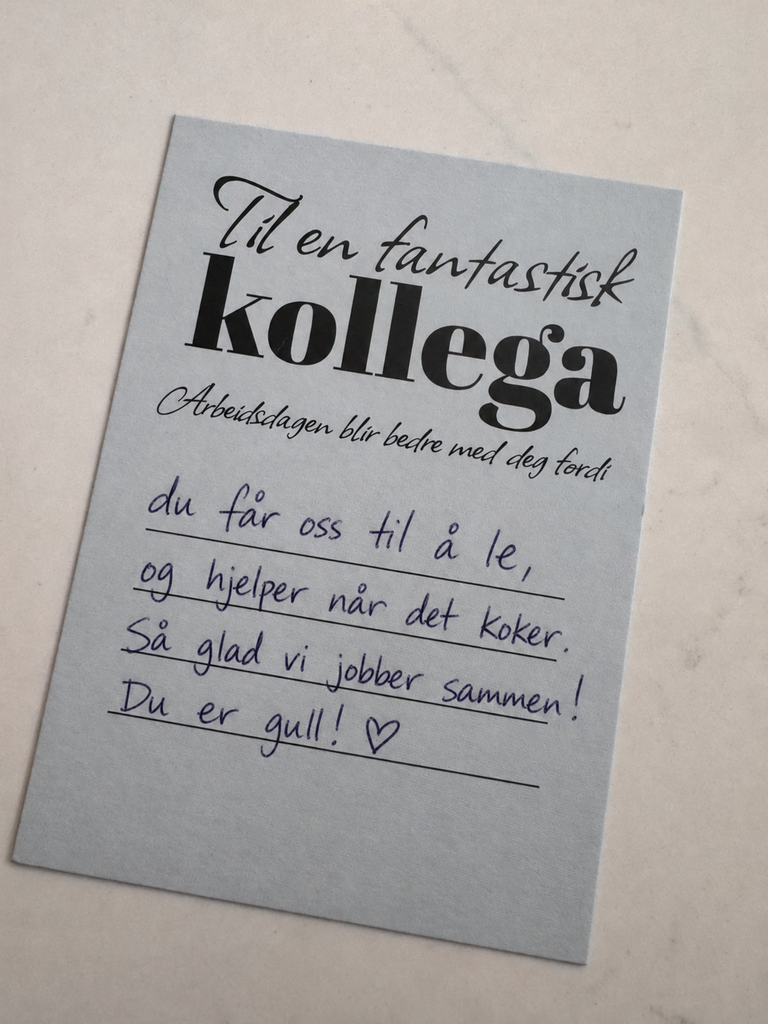 Til en fantastisk kollega – eksempel med håndskrevet hilsen