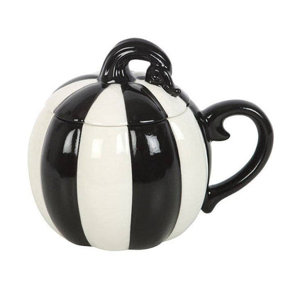 Black and White Striped Lidded Halloween Pumpkin Krus