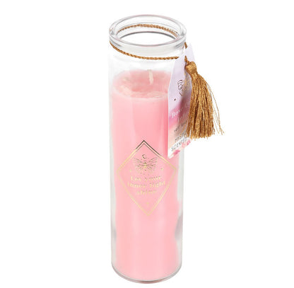 MYSTIC ROSE TUBE CANDLE WITH ROSE QUARTZ CRYSTALS