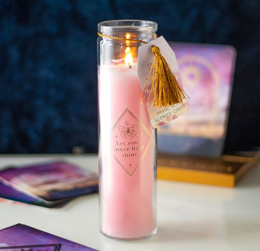 MYSTIC ROSE TUBE CANDLE WITH ROSE QUARTZ CRYSTALS