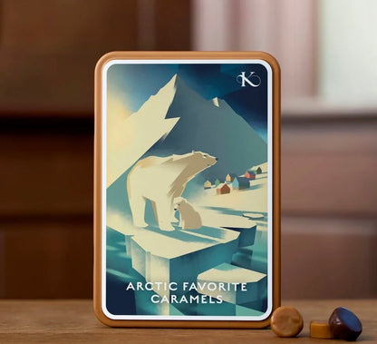 Arctic Favorite karamellboks på bord med karameller