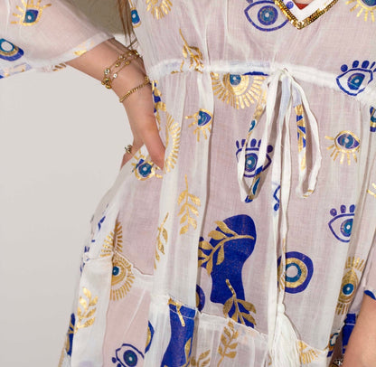 White, Blue & Gold Evil Eye – Beach Dress -