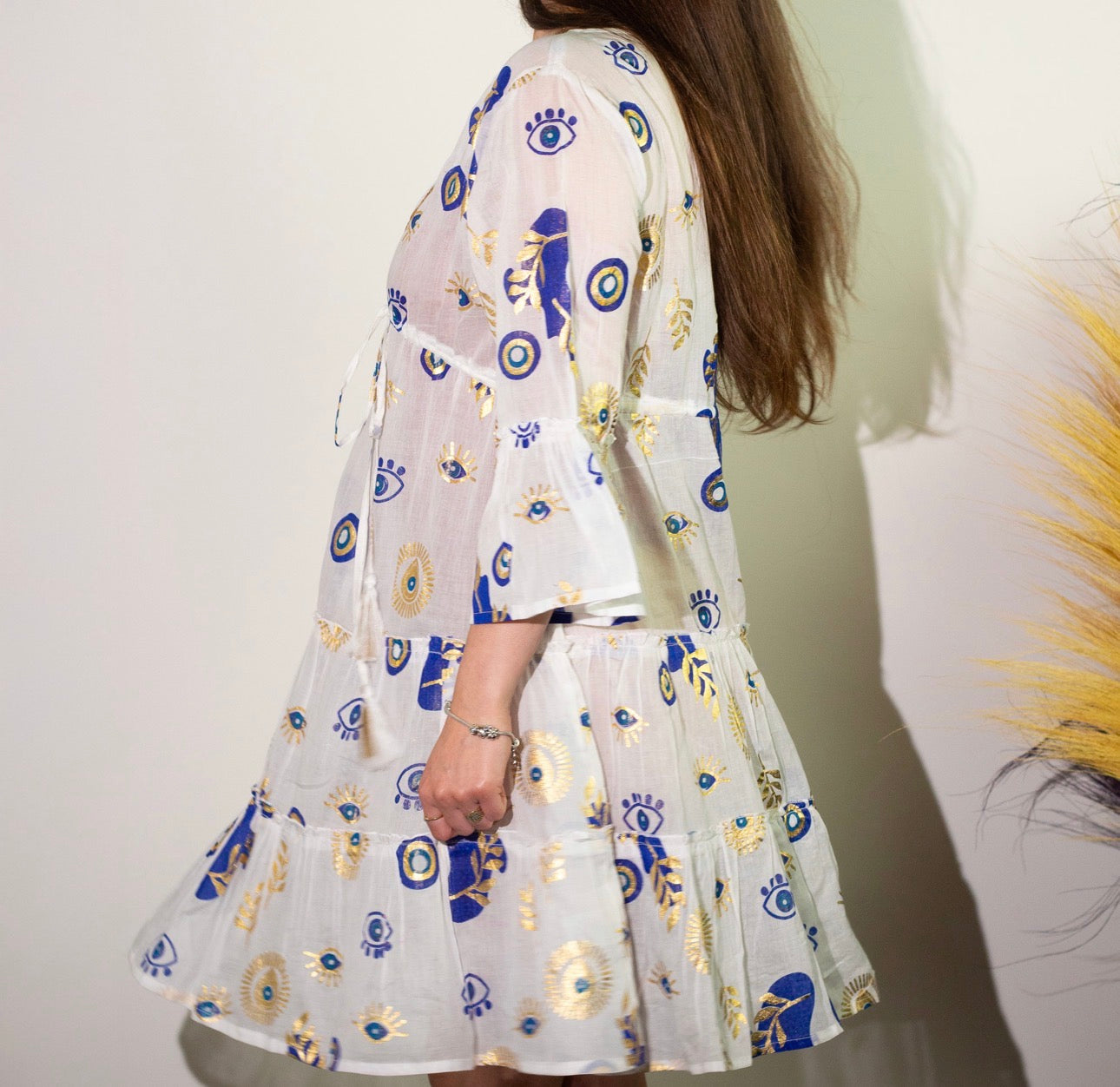 White, Blue & Gold Evil Eye – Beach Dress -