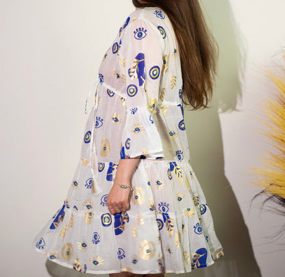 White, Blue & Gold Evil Eye – Beach Dress -