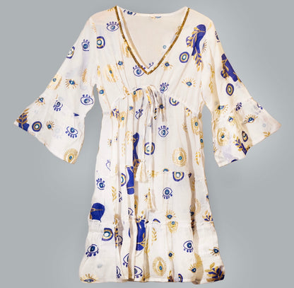 White, Blue & Gold Evil Eye – Beach Dress -