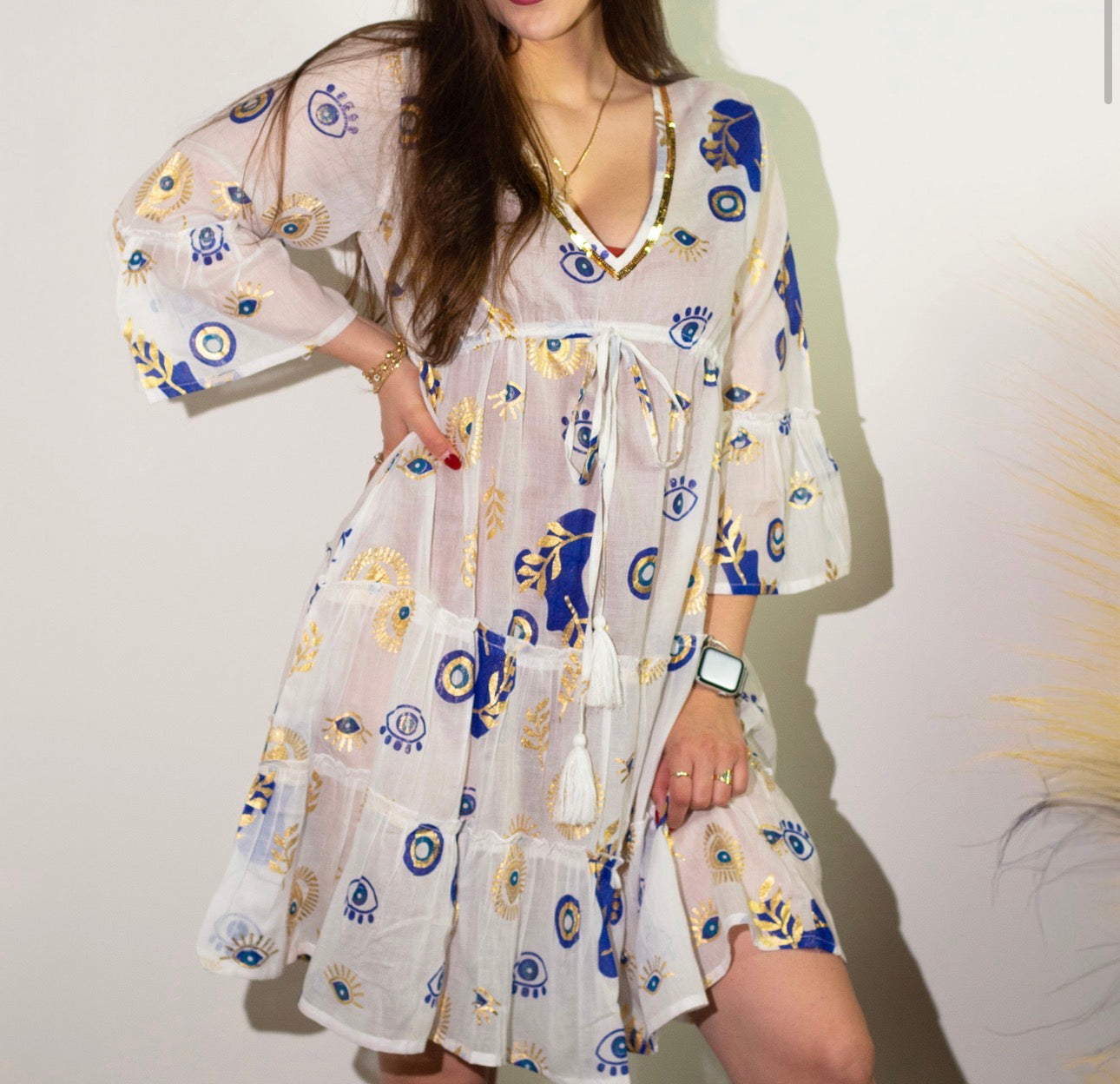 White, Blue & Gold Evil Eye – Beach Dress -