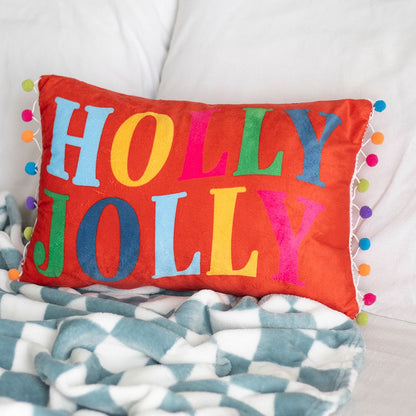 Rød “Holly Jolly” Pute med Pom Poms