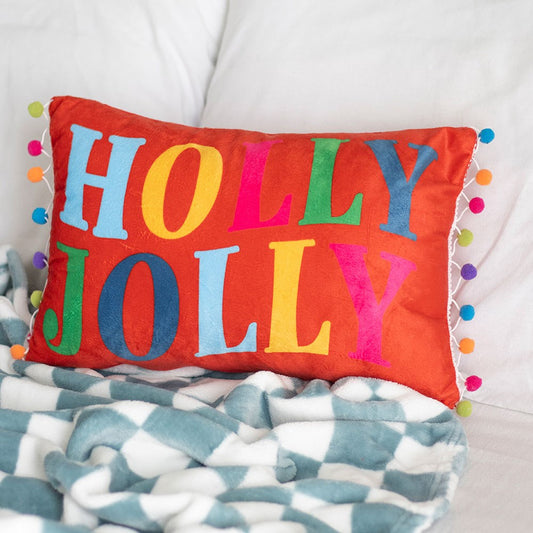 Rød “Holly Jolly” Pute med Pom Poms