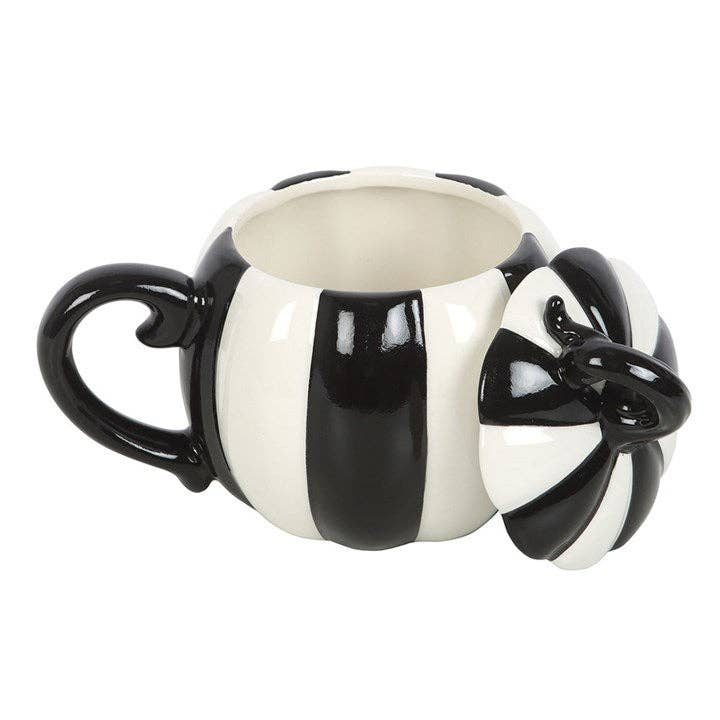 Black and White Striped Lidded Halloween Pumpkin Krus