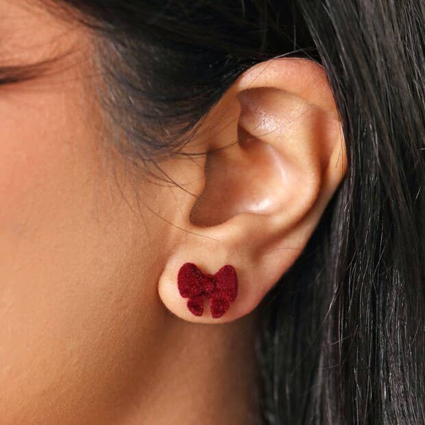 Sterling Silver Red Velvet Bow Stud Earrings