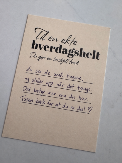 Til en ekte hverdagshelt – eksempel med håndskrevet hilsen