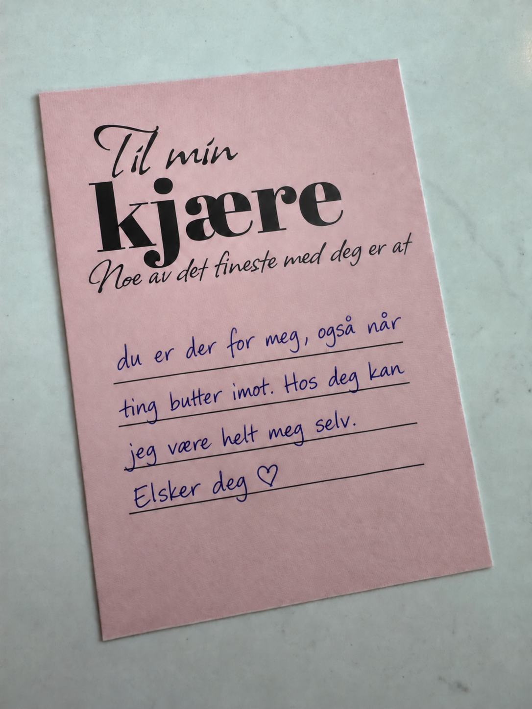 Til min kjære – eksempel med håndskrevet hilsen